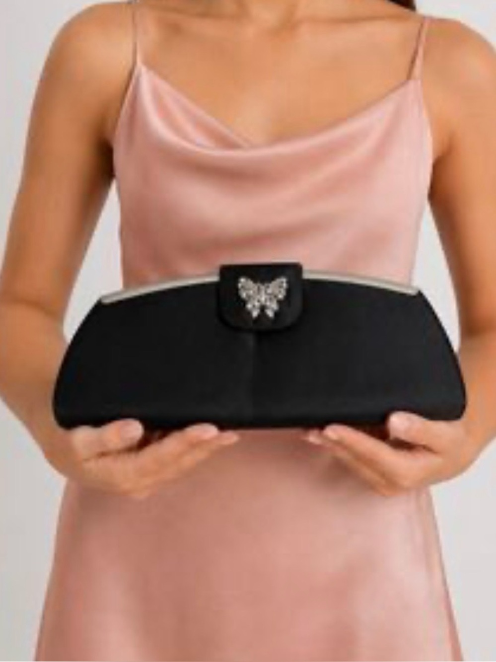VINTAGE Elegant Black Evening Clutch with butterfly Crystal Accent closure